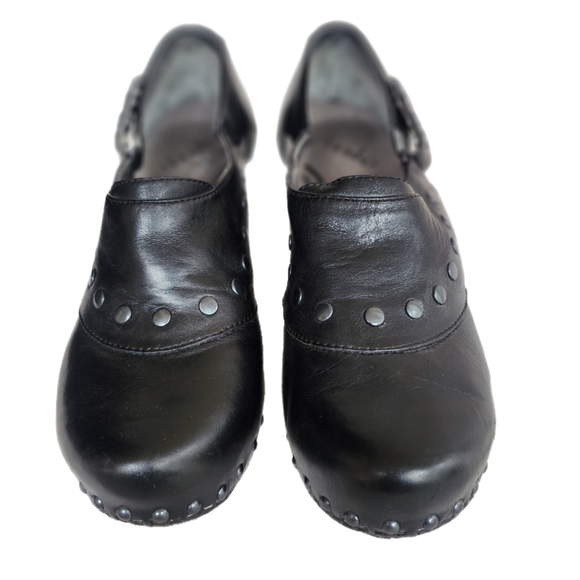 Dansko Shoes - Black Leather Clogs with Silver Studs and Wooden Sole